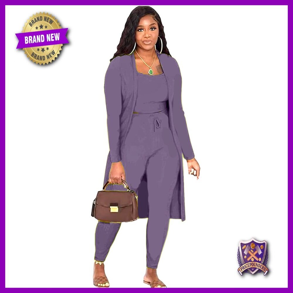 3 Piece Lounge Set Rib Knit Cardigan Tank Drawstring Pants Small